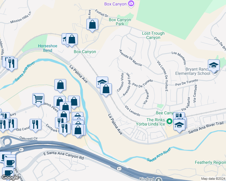 map of restaurants, bars, coffee shops, grocery stores, and more near 24170 Vía Lenardo in Yorba Linda