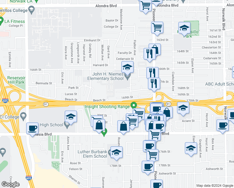 map of restaurants, bars, coffee shops, grocery stores, and more near 11544 168th Street in Artesia