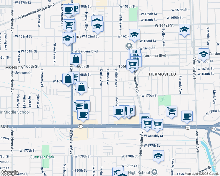 map of restaurants, bars, coffee shops, grocery stores, and more near 16926 Dalton Avenue in Gardena