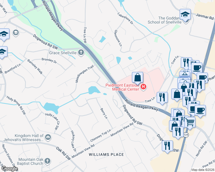 map of restaurants, bars, coffee shops, grocery stores, and more near 2370 Montrose Place in Snellville