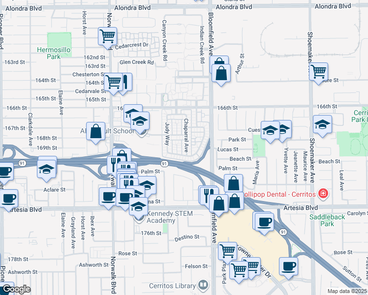 map of restaurants, bars, coffee shops, grocery stores, and more near 16905 Chaparral Avenue in Cerritos