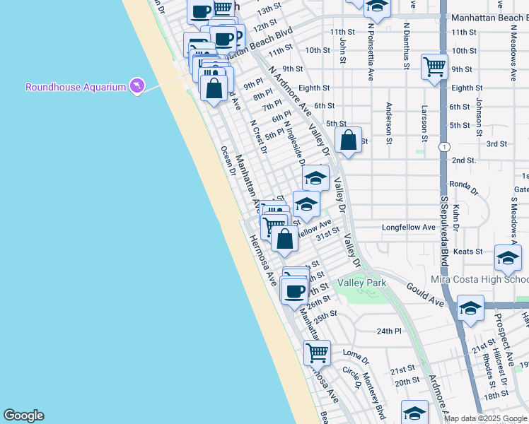 map of restaurants, bars, coffee shops, grocery stores, and more near 88 Manhattan Avenue in Manhattan Beach