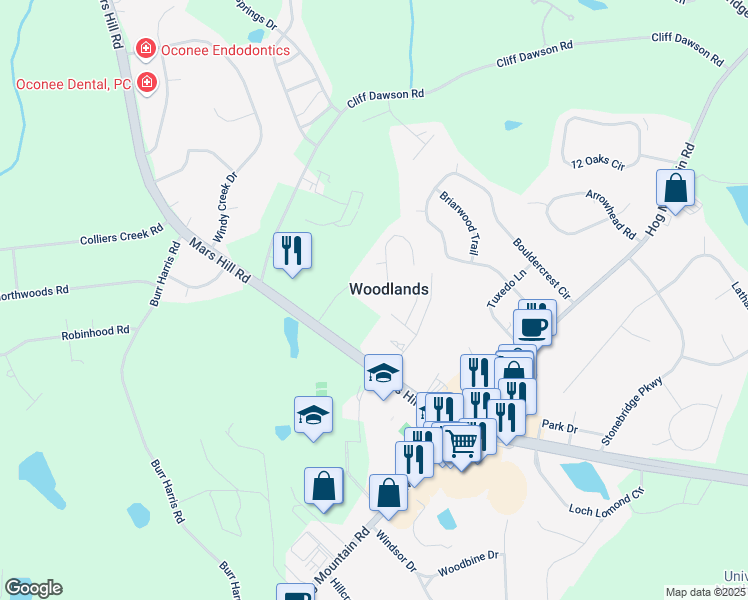 map of restaurants, bars, coffee shops, grocery stores, and more near 1100 Woodlands Road in Watkinsville