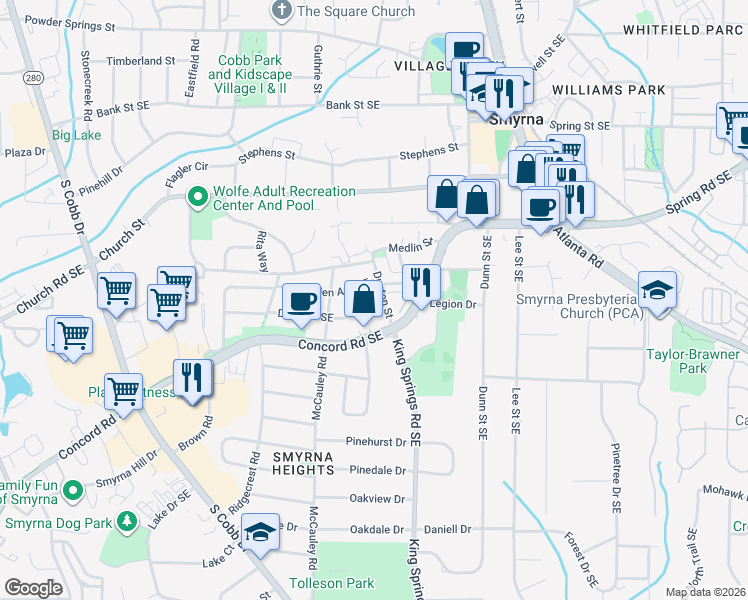 map of restaurants, bars, coffee shops, grocery stores, and more near 1151 Dell Avenue Southeast in Smyrna
