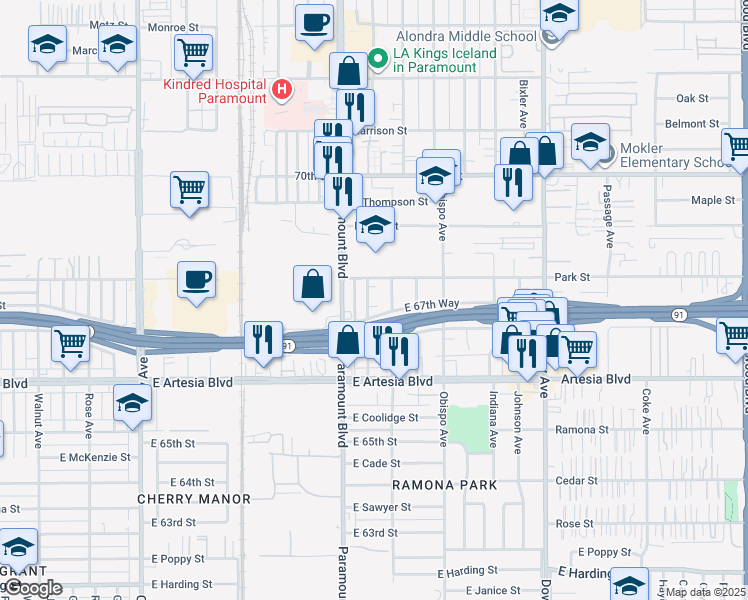 map of restaurants, bars, coffee shops, grocery stores, and more near 6752 Curtis Avenue in Long Beach
