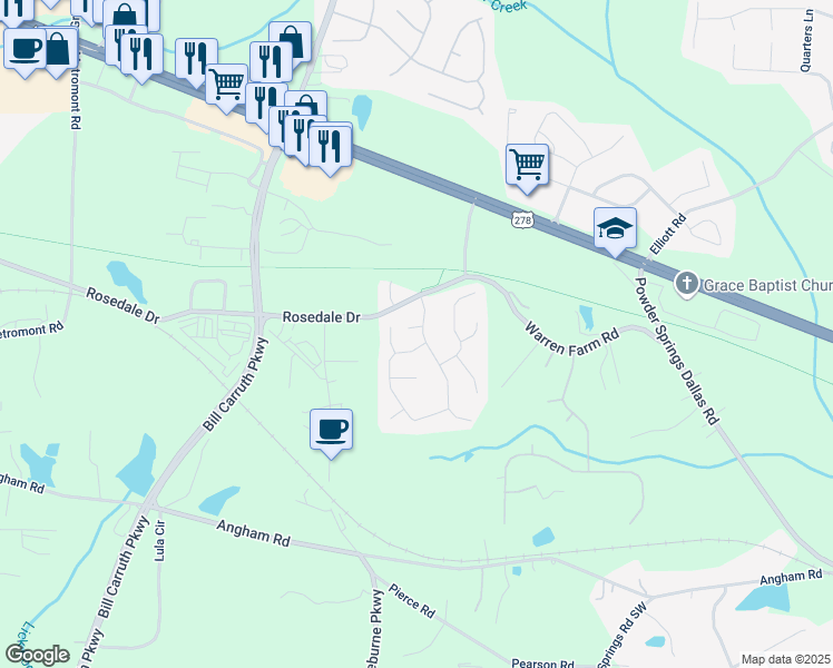 map of restaurants, bars, coffee shops, grocery stores, and more near 88 Chamberlyn Lane in Hiram