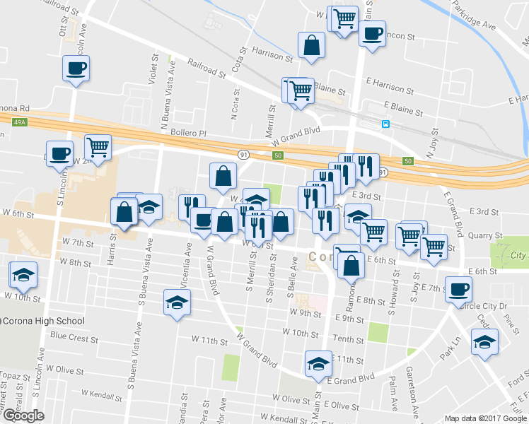 map of restaurants, bars, coffee shops, grocery stores, and more near 409 South Merrill Street in Corona