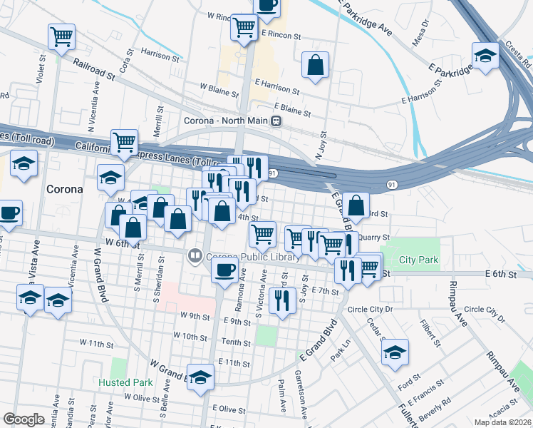 map of restaurants, bars, coffee shops, grocery stores, and more near 320 South Victoria Avenue in Corona