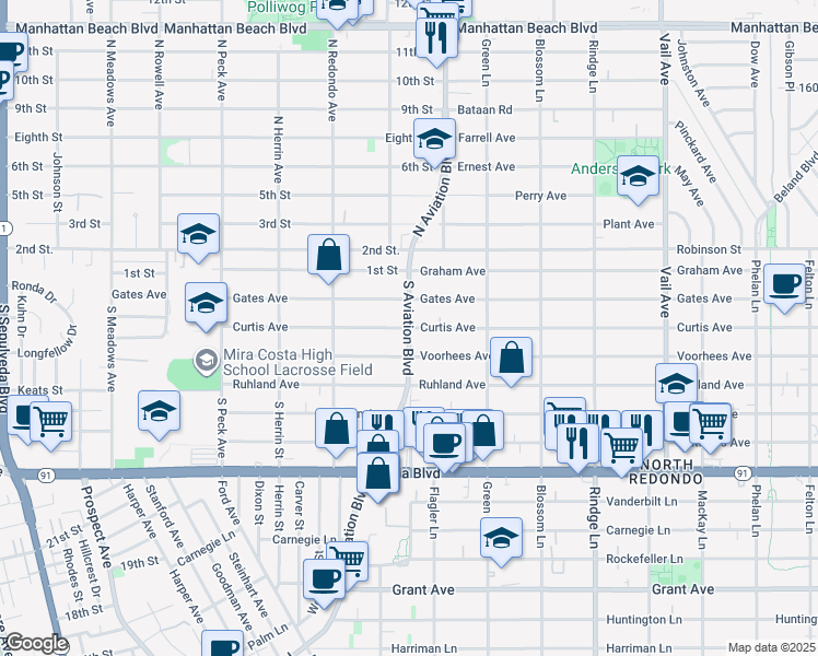 map of restaurants, bars, coffee shops, grocery stores, and more near Aviation Boulevard & Curtis Avenue in Redondo Beach