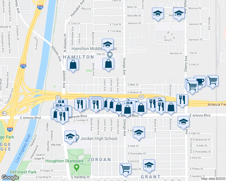 map of restaurants, bars, coffee shops, grocery stores, and more near 6764 Lemon Avenue in Long Beach
