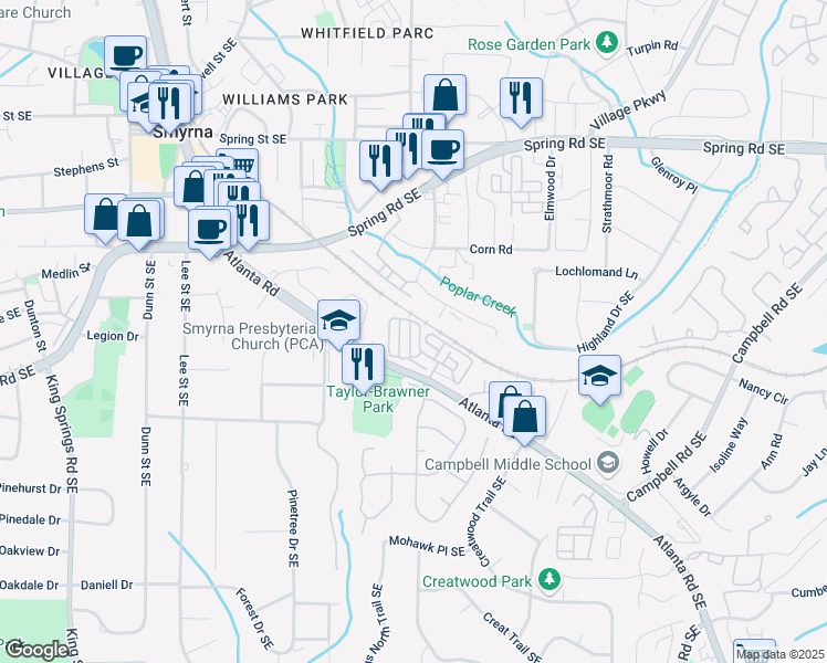 map of restaurants, bars, coffee shops, grocery stores, and more near 907 Vinings Forest Lane in Smyrna