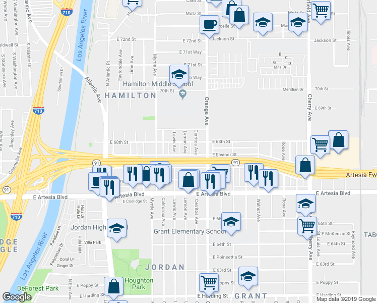 map of restaurants, bars, coffee shops, grocery stores, and more near 6764 Lemon Avenue in Long Beach