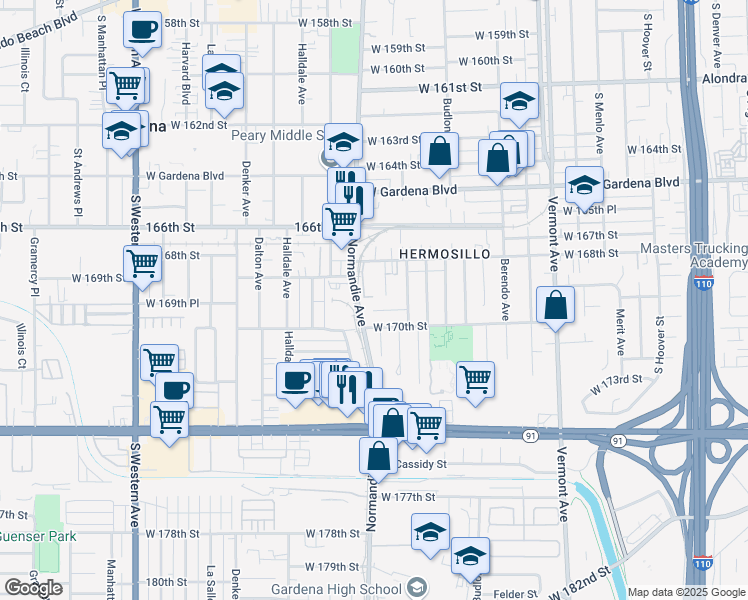 map of restaurants, bars, coffee shops, grocery stores, and more near 1346 Asher Court in Gardena