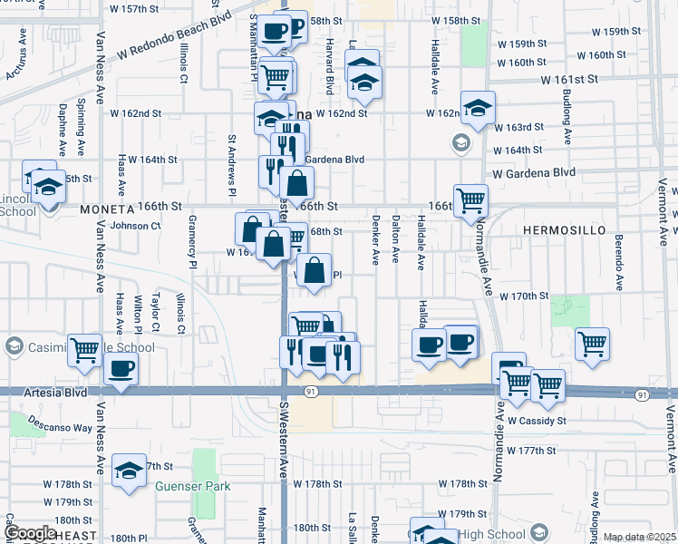 map of restaurants, bars, coffee shops, grocery stores, and more near 16930 Harvard Boulevard in Gardena