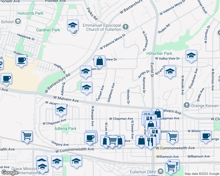 map of restaurants, bars, coffee shops, grocery stores, and more near 763 Stephens Avenue in Fullerton