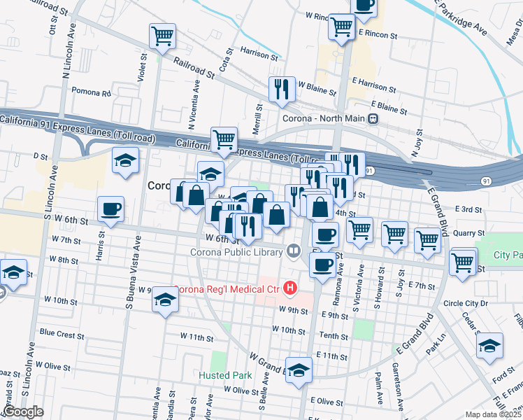 map of restaurants, bars, coffee shops, grocery stores, and more near 408 South Sheridan Street in Corona