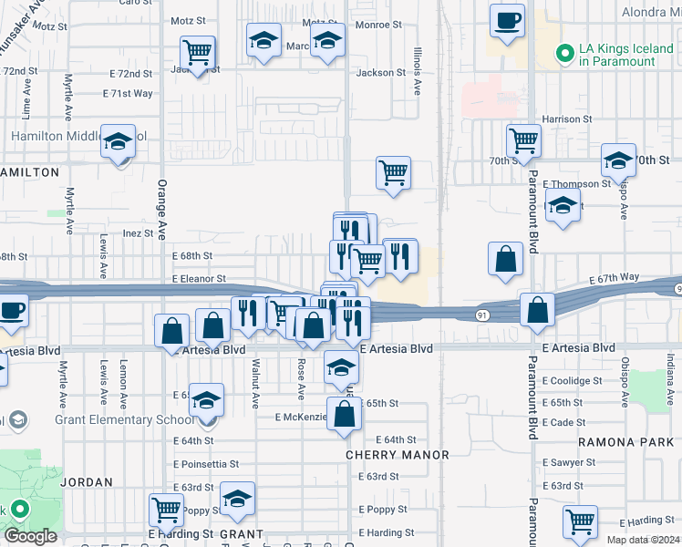 map of restaurants, bars, coffee shops, grocery stores, and more near 6759 Cherry Avenue in Long Beach
