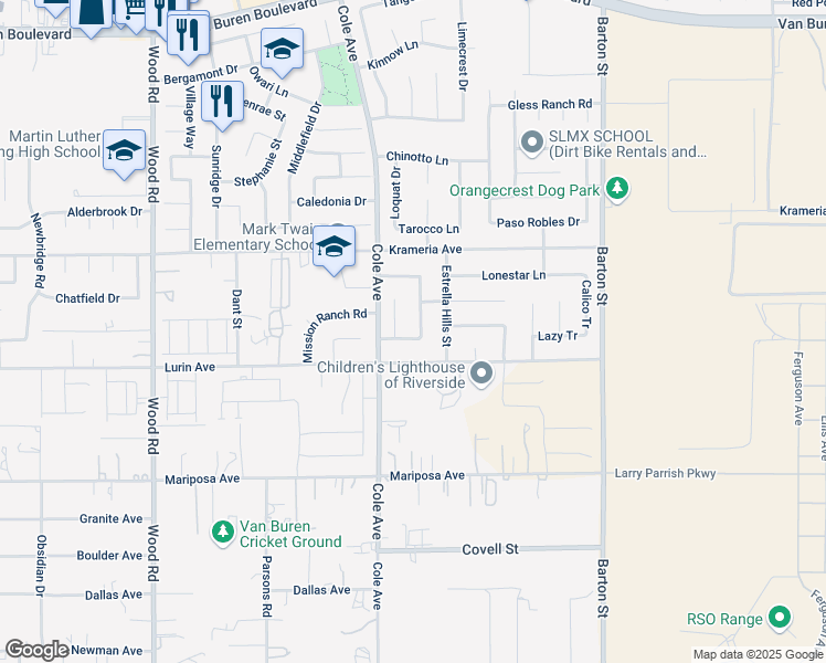 map of restaurants, bars, coffee shops, grocery stores, and more near 9541 Lost Grove Road in Riverside