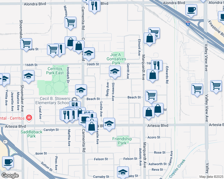 map of restaurants, bars, coffee shops, grocery stores, and more near 16913 Stowers Ave in Cerritos