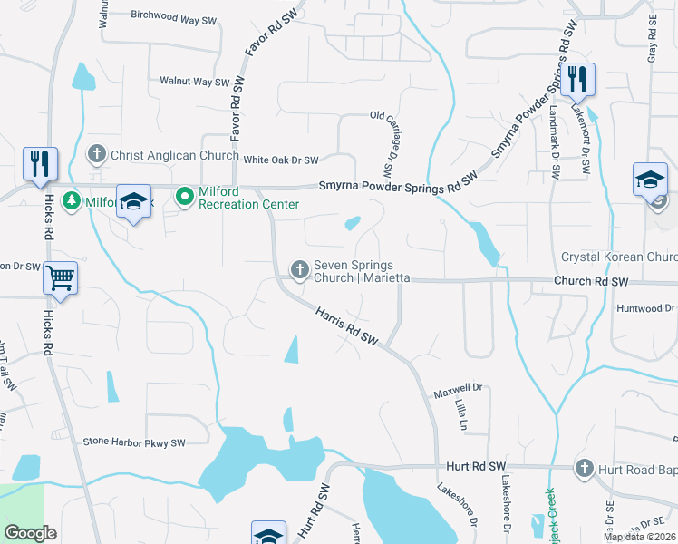 map of restaurants, bars, coffee shops, grocery stores, and more near 3078 Moser Way in Marietta