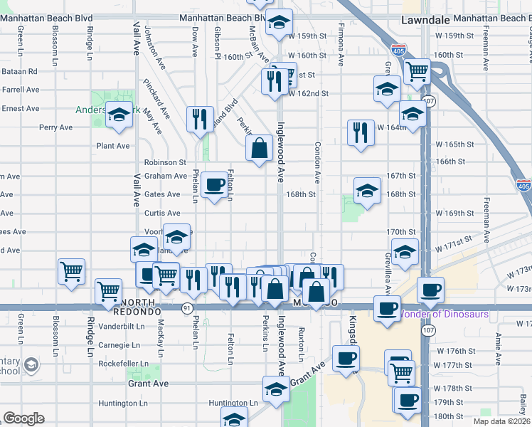 map of restaurants, bars, coffee shops, grocery stores, and more near Curtis Avenue & Perkins Lane in Redondo Beach
