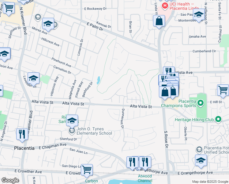 map of restaurants, bars, coffee shops, grocery stores, and more near 901 East Newton Lane in Placentia