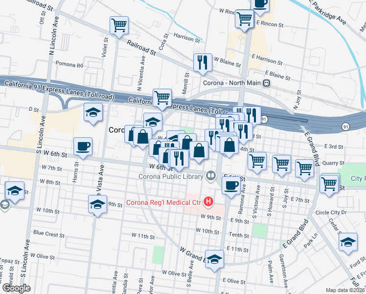 map of restaurants, bars, coffee shops, grocery stores, and more near 409 South Merrill Street in Corona