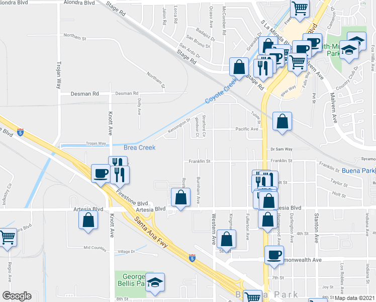 map of restaurants, bars, coffee shops, grocery stores, and more near 5684 Rostrata Ave in Buena Park