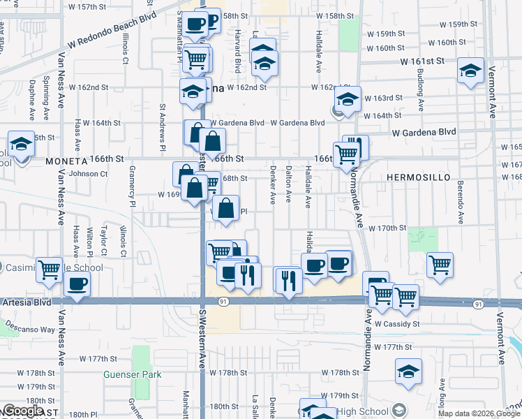 map of restaurants, bars, coffee shops, grocery stores, and more near 16929 Denker Avenue in Gardena