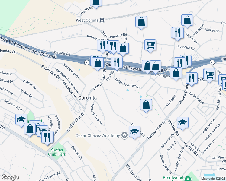 map of restaurants, bars, coffee shops, grocery stores, and more near 2233 Mountain View Drive in Corona