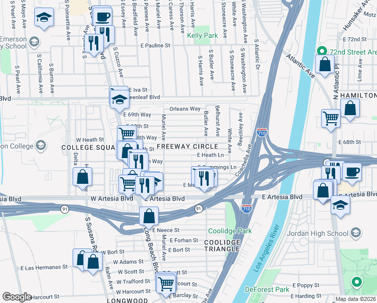 map of restaurants, bars, coffee shops, grocery stores, and more near 246 East 68th Street in Long Beach