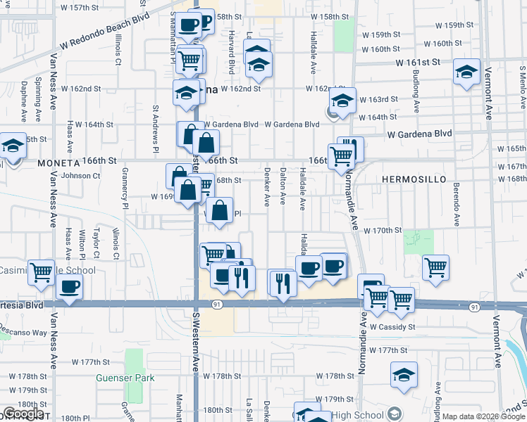 map of restaurants, bars, coffee shops, grocery stores, and more near 16929 Denker Avenue in Gardena