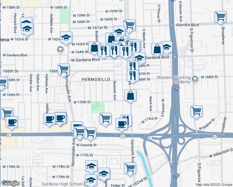 map of restaurants, bars, coffee shops, grocery stores, and more near 16920 Berendo Avenue in Gardena