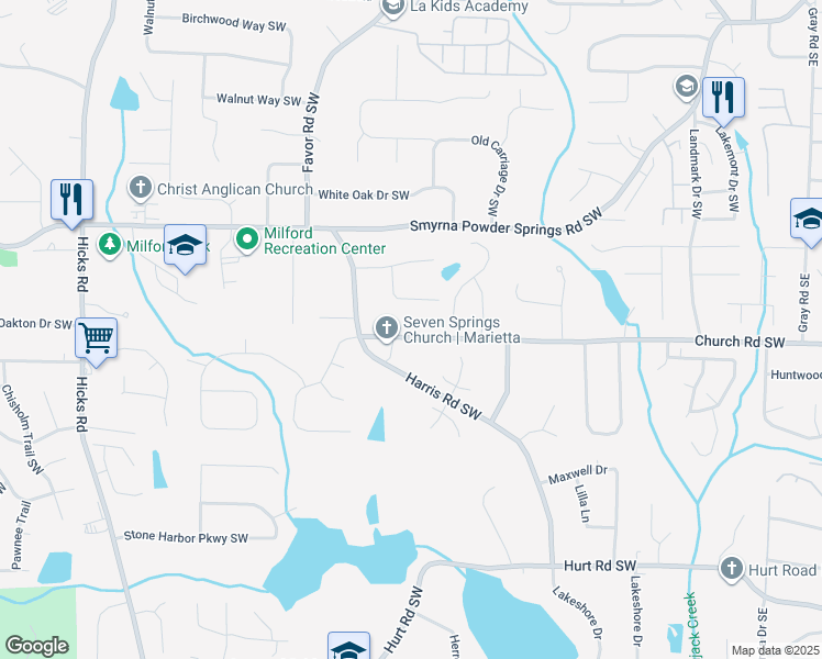 map of restaurants, bars, coffee shops, grocery stores, and more near 460 Church Road in Marietta