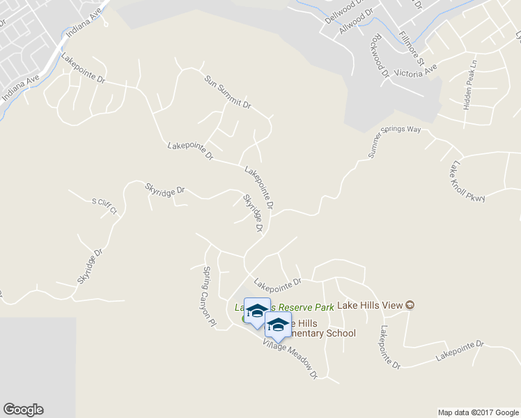 map of restaurants, bars, coffee shops, grocery stores, and more near 16382 Skyridge Drive in Riverside