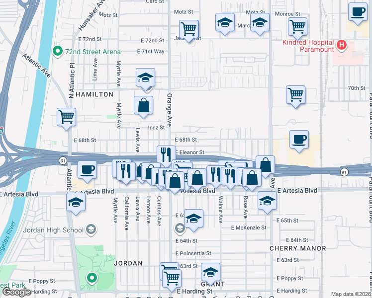 map of restaurants, bars, coffee shops, grocery stores, and more near 1309 East Eleanor Street in Long Beach