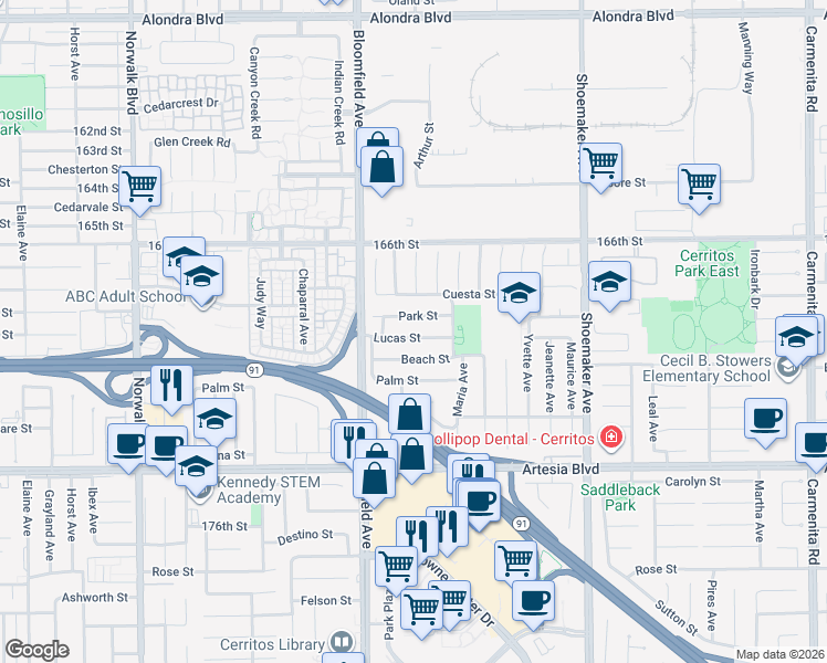 map of restaurants, bars, coffee shops, grocery stores, and more near 12659 Lucas Street in Cerritos