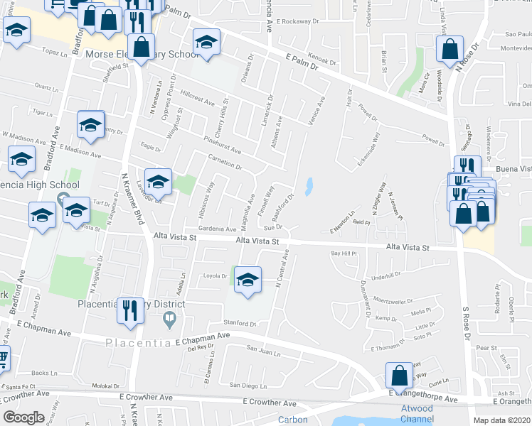map of restaurants, bars, coffee shops, grocery stores, and more near 916 Finnell Way in Placentia