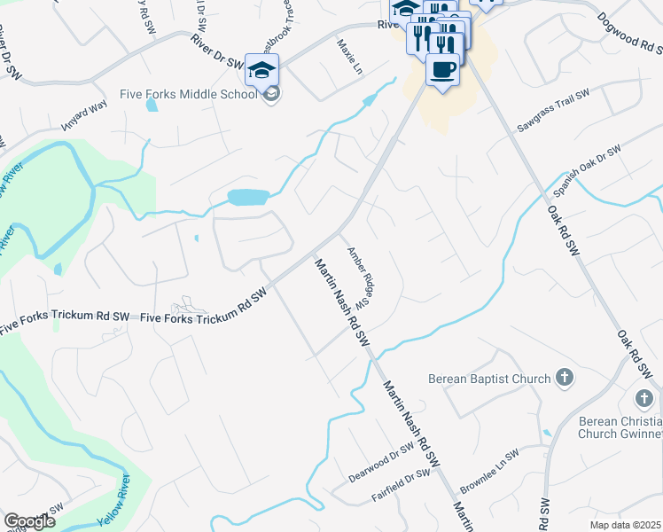 map of restaurants, bars, coffee shops, grocery stores, and more near 1072 Martin Nash Road Southwest in Lilburn
