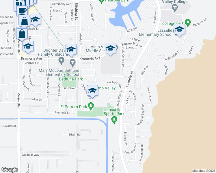 map of restaurants, bars, coffee shops, grocery stores, and more near 25760 Via Salerno Court in Moreno Valley