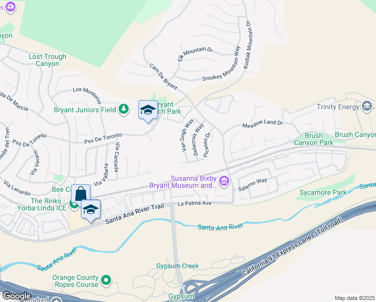 map of restaurants, bars, coffee shops, grocery stores, and more near 5660 Van Gogh Way in Yorba Linda