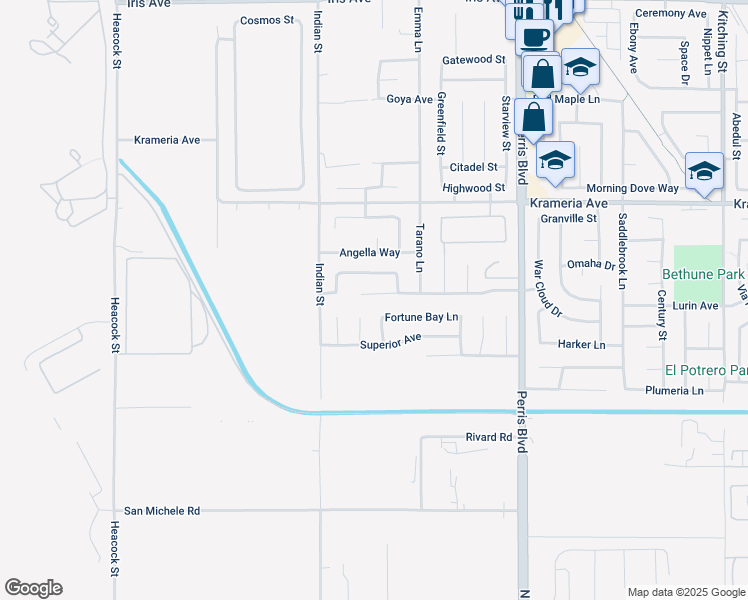 map of restaurants, bars, coffee shops, grocery stores, and more near 24639 Northern Dancer Drive in Moreno Valley