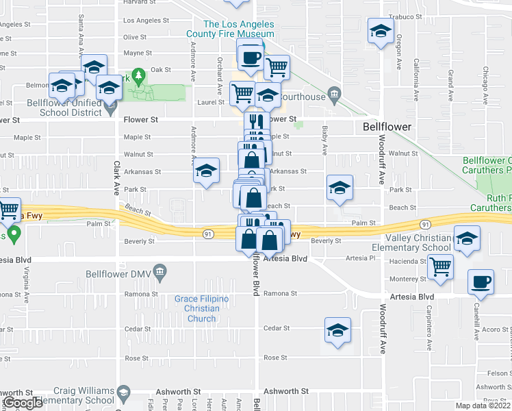 map of restaurants, bars, coffee shops, grocery stores, and more near Bellflower Blvd & Beach St in Bellflower