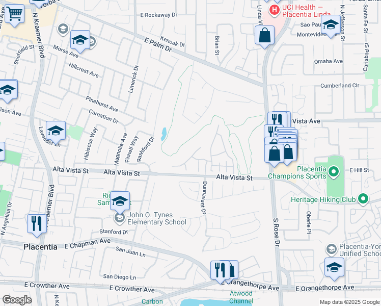 map of restaurants, bars, coffee shops, grocery stores, and more near 901 East Newton Lane in Placentia