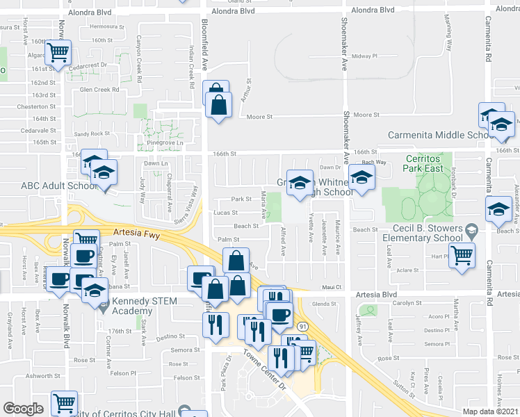 map of restaurants, bars, coffee shops, grocery stores, and more near 12733 Lucas Street in Cerritos
