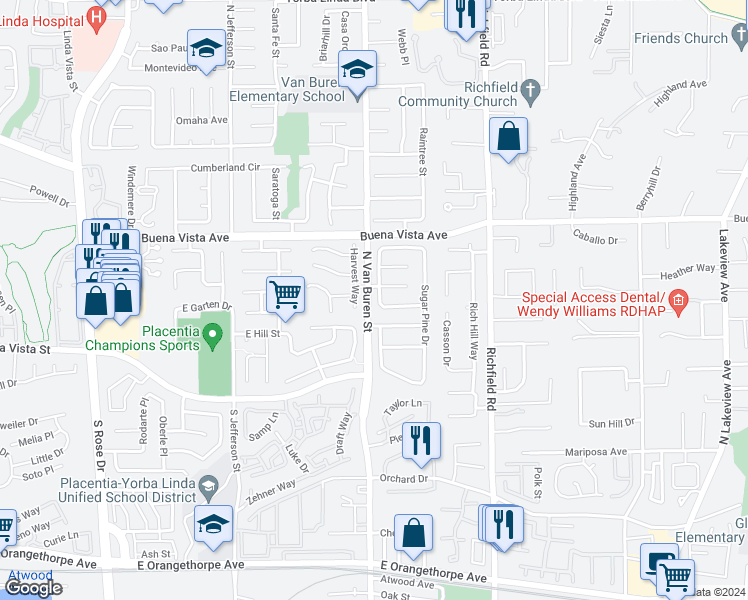 map of restaurants, bars, coffee shops, grocery stores, and more near 5575 Torrey Pine Place in Yorba Linda