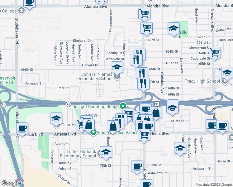 map of restaurants, bars, coffee shops, grocery stores, and more near 11618 168th Street in Artesia