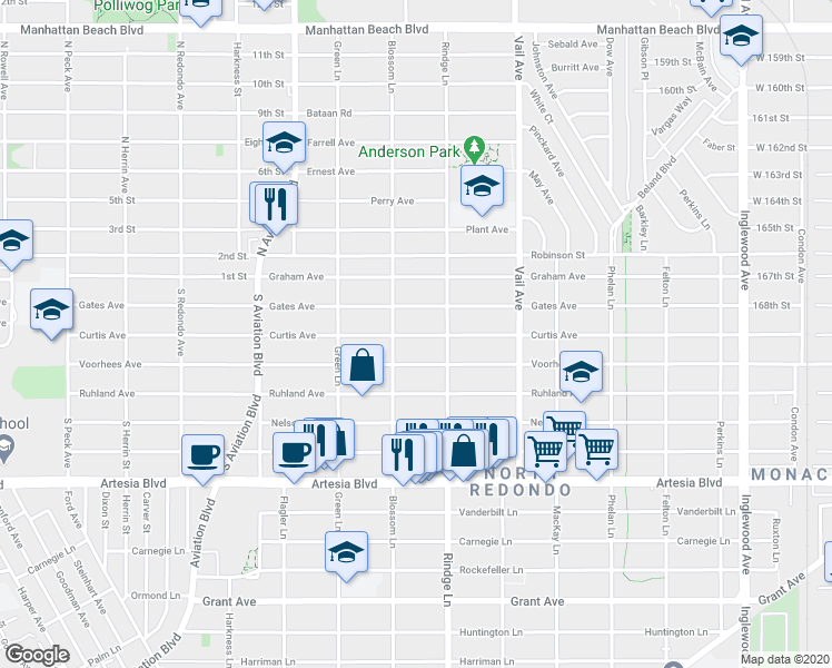 map of restaurants, bars, coffee shops, grocery stores, and more near 2111a Curtis Avenue in Redondo Beach