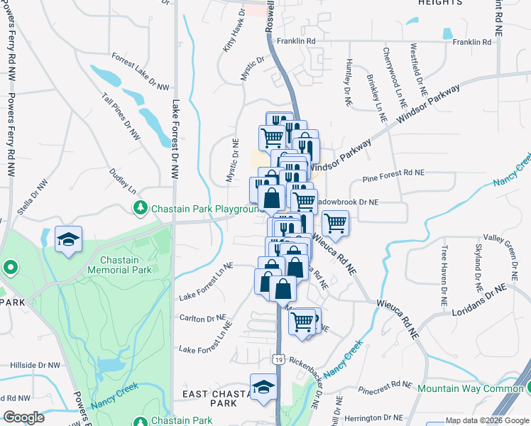 map of restaurants, bars, coffee shops, grocery stores, and more near 135 West Wieuca Road Northeast in Atlanta