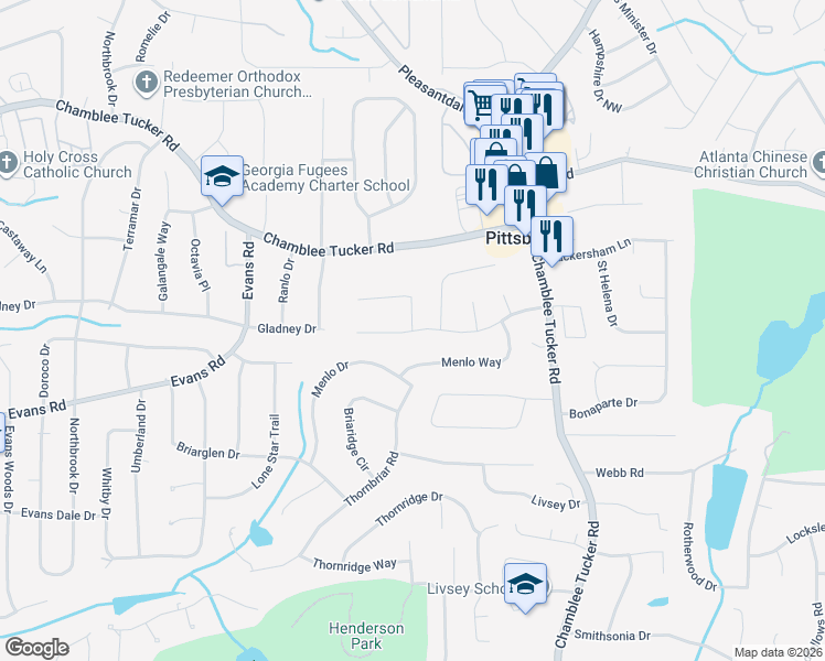 map of restaurants, bars, coffee shops, grocery stores, and more near 4131 Gladney Drive in Atlanta